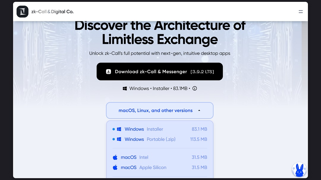 A screenshot of the download page for zk-Call.