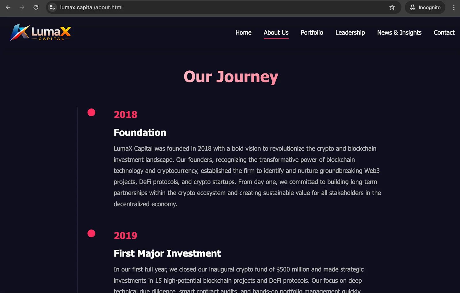 A screenshot of the Lumax Capital website showing the About Us page.