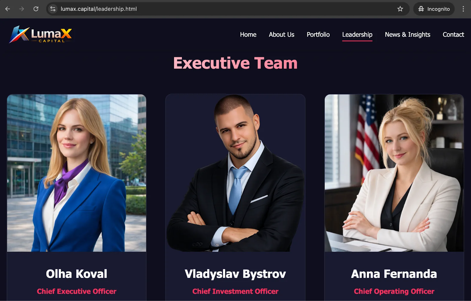 A screenshot of the Lumax Capital website showing an Executive Team made up of AI images.