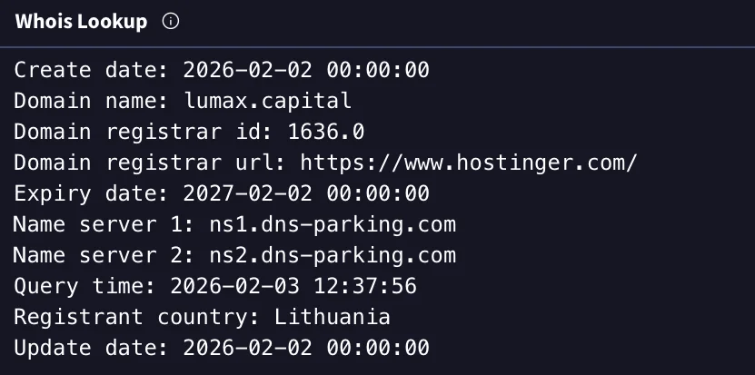 A screenshot of the Lumax Capital website WHOIS lookup.