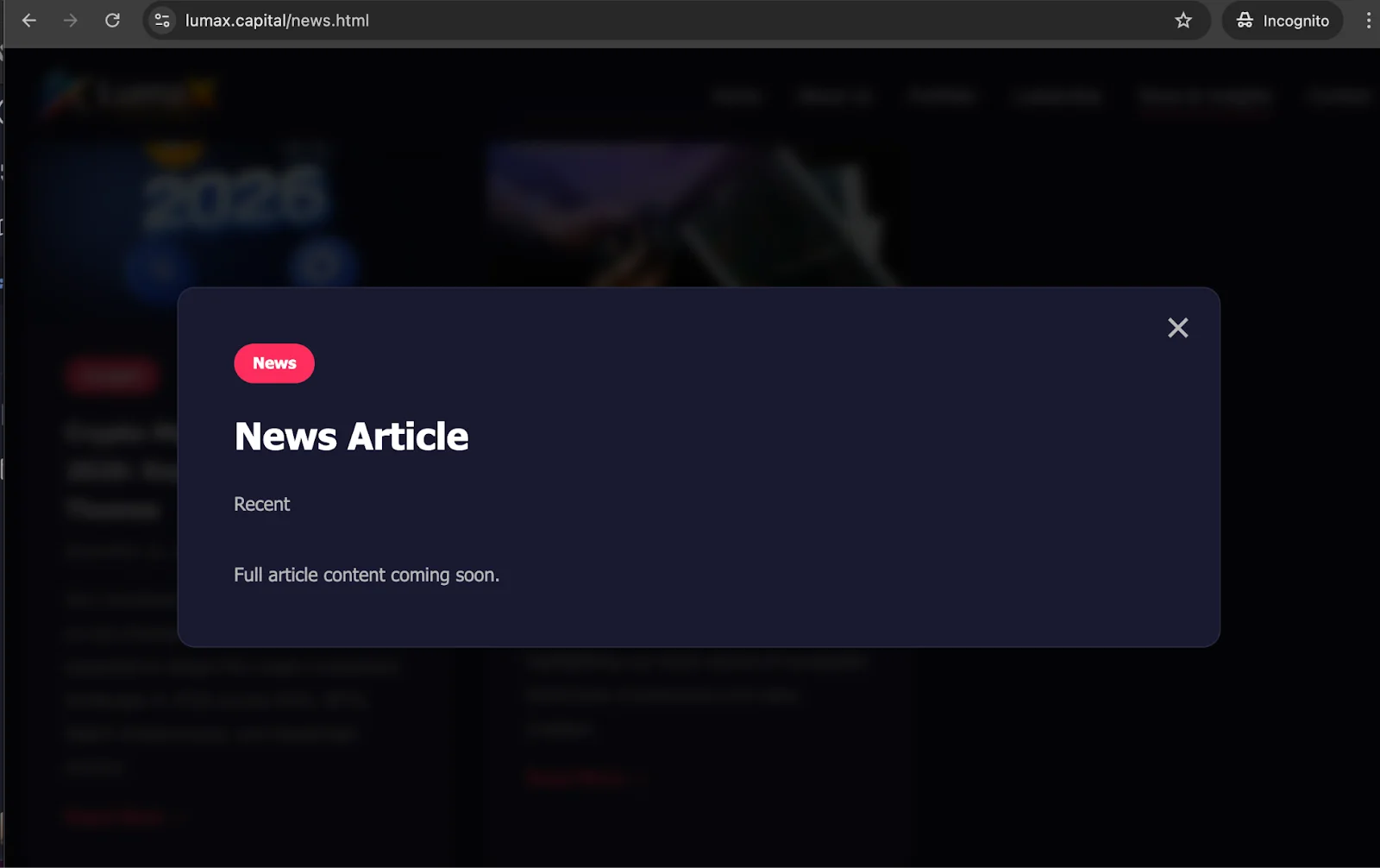 A screenshot of the Lumax Capital website showing a placeholder page.