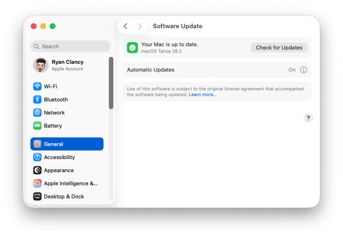 macOS Software Update settings checking for security updates
