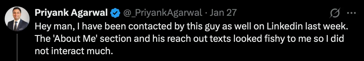 A screenshot of a post on X warning of a fake recruiting scam.