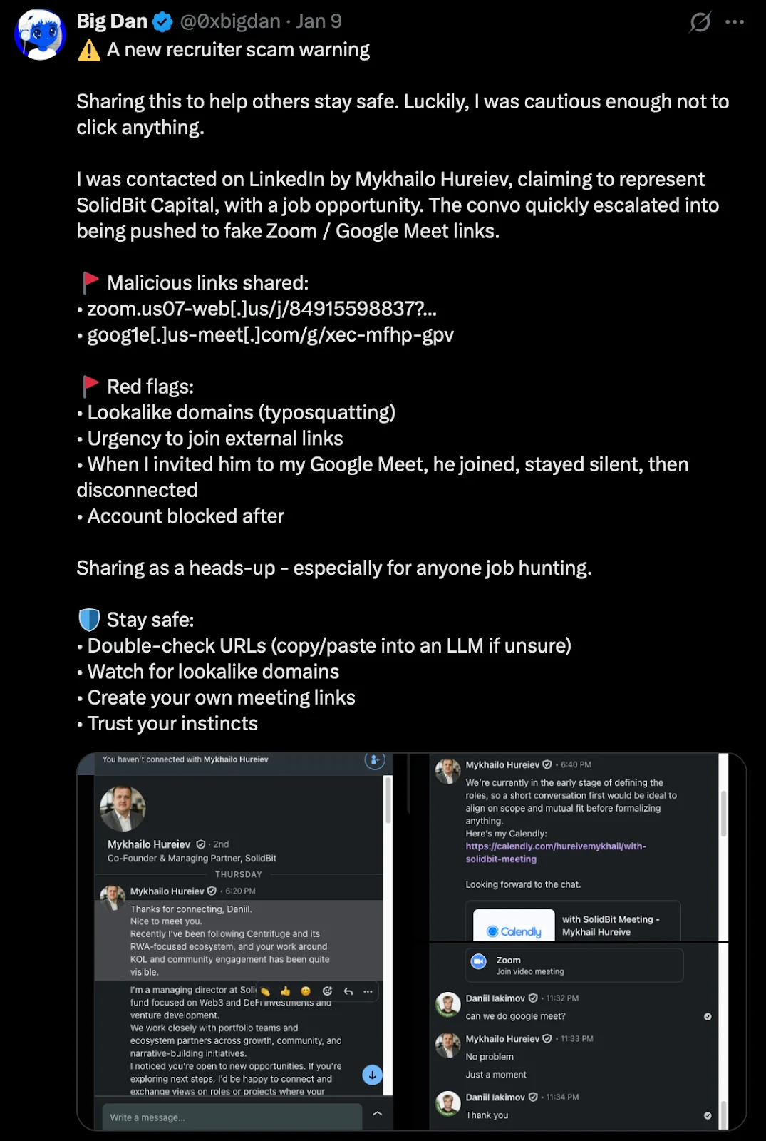 A screenshot of a post on X explaining the red flags of this type of recruiter scam.