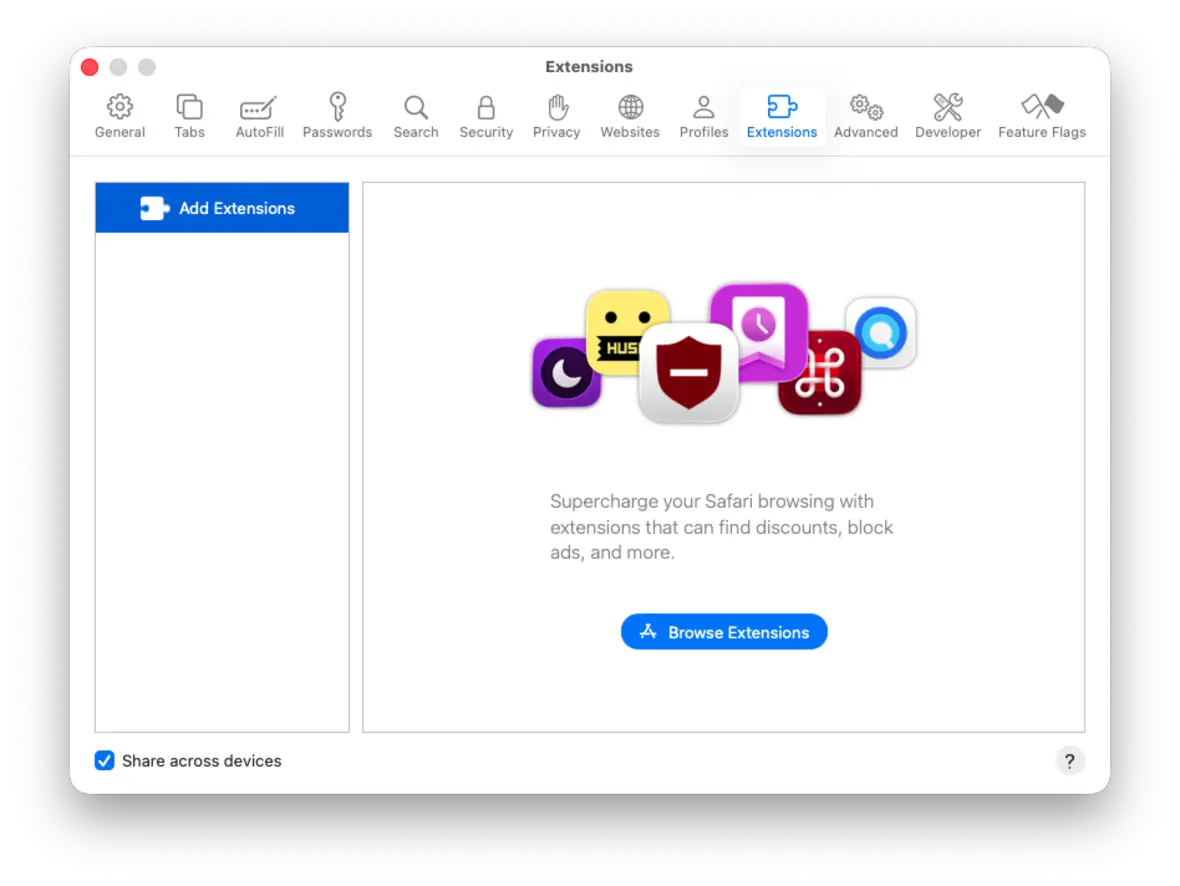 Safari Extensions settings where malicious extension linked to a Safari virus might be