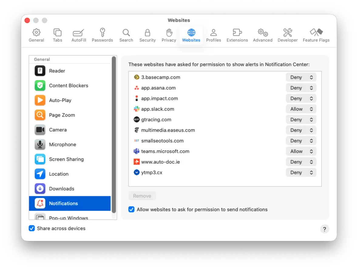 Safari notification permissions can show suspicious websites that may cause Safari virus pop-ups