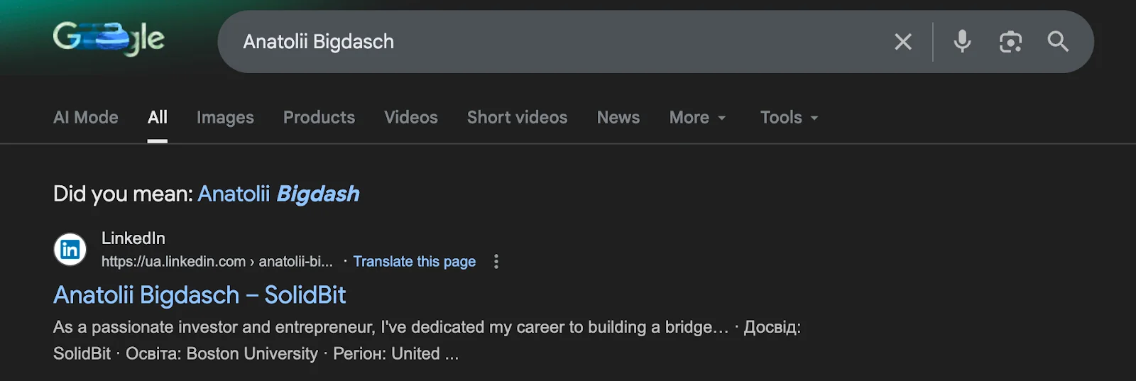 A screenshot of search results for Anatolli Bigdasch.
