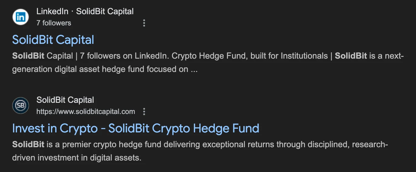 A screenshot of search results for SolidBit Capital, including LinkedIn.