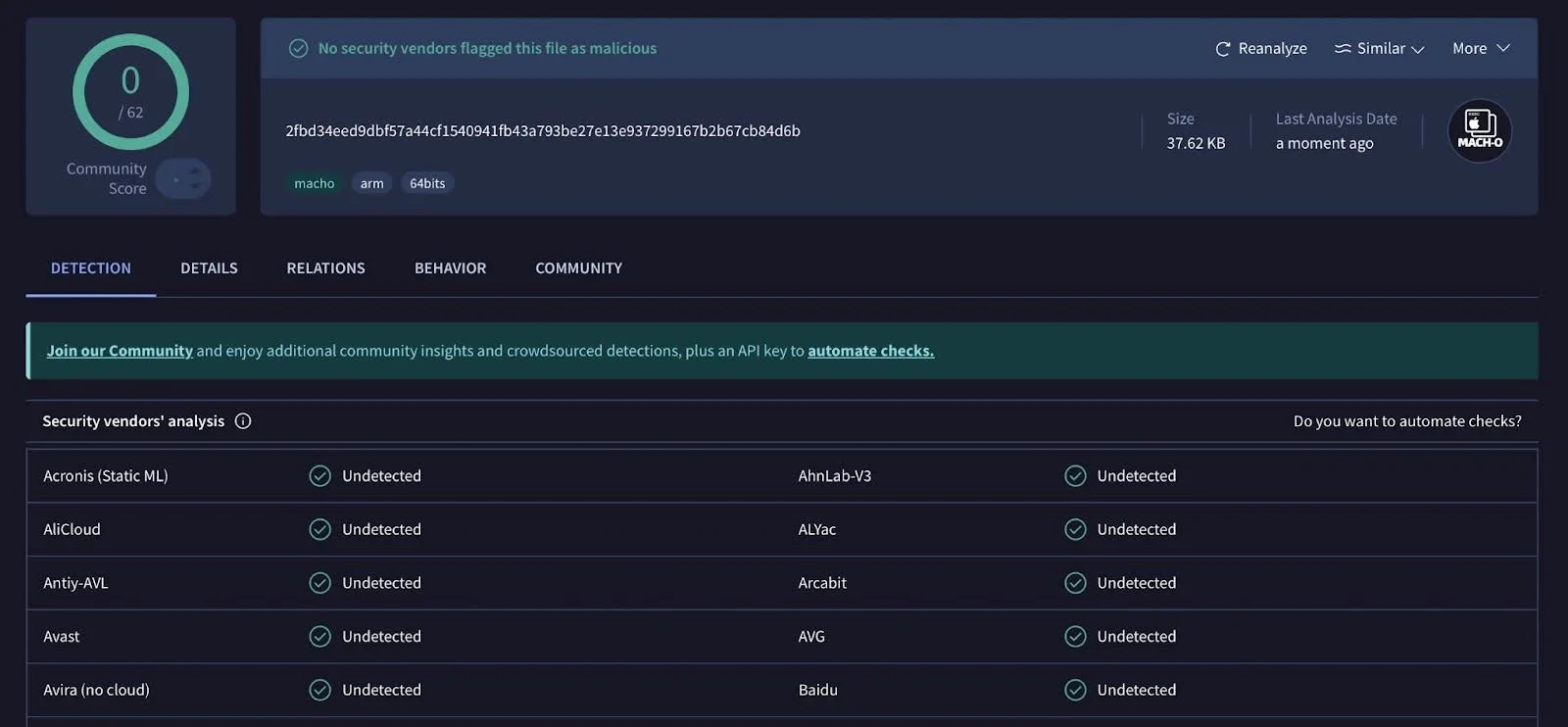 Another example of clean VirusTotal results thanks to junk code used to obscure malware detection.