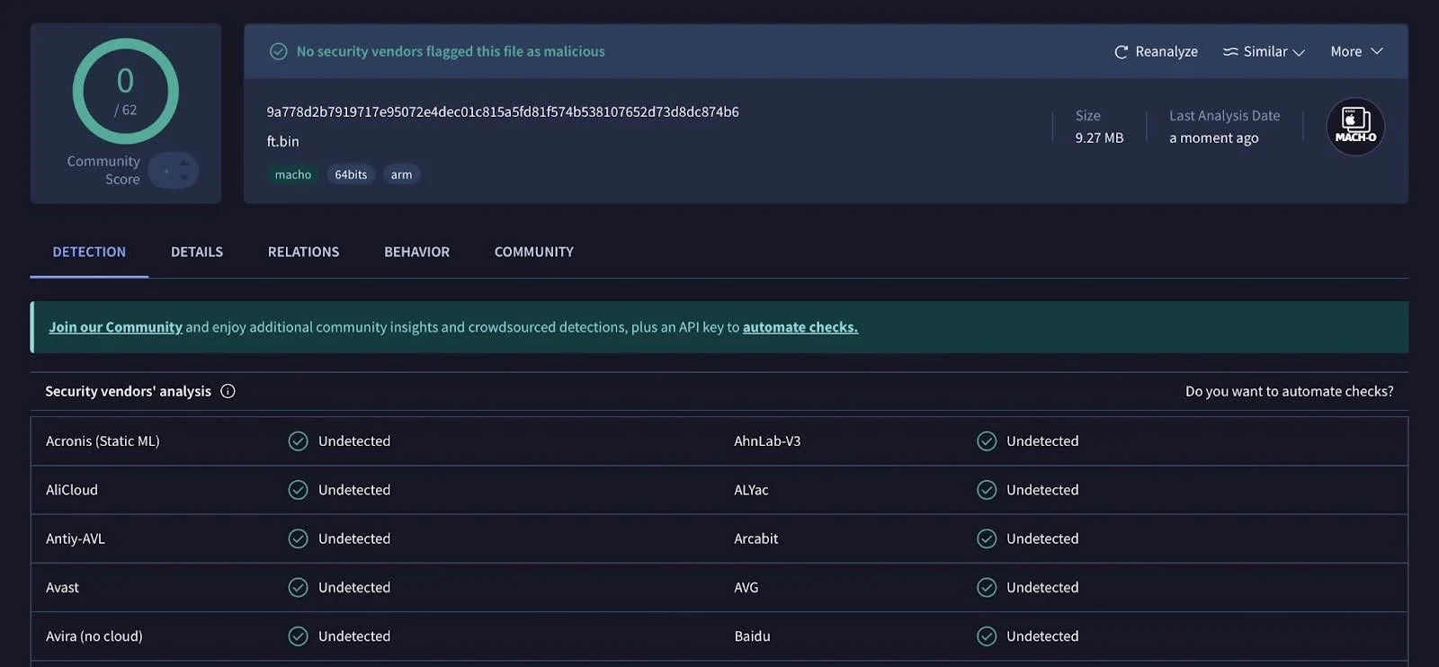 An image of clean VirusTotal results thanks to junk code used to obscure malware detection.