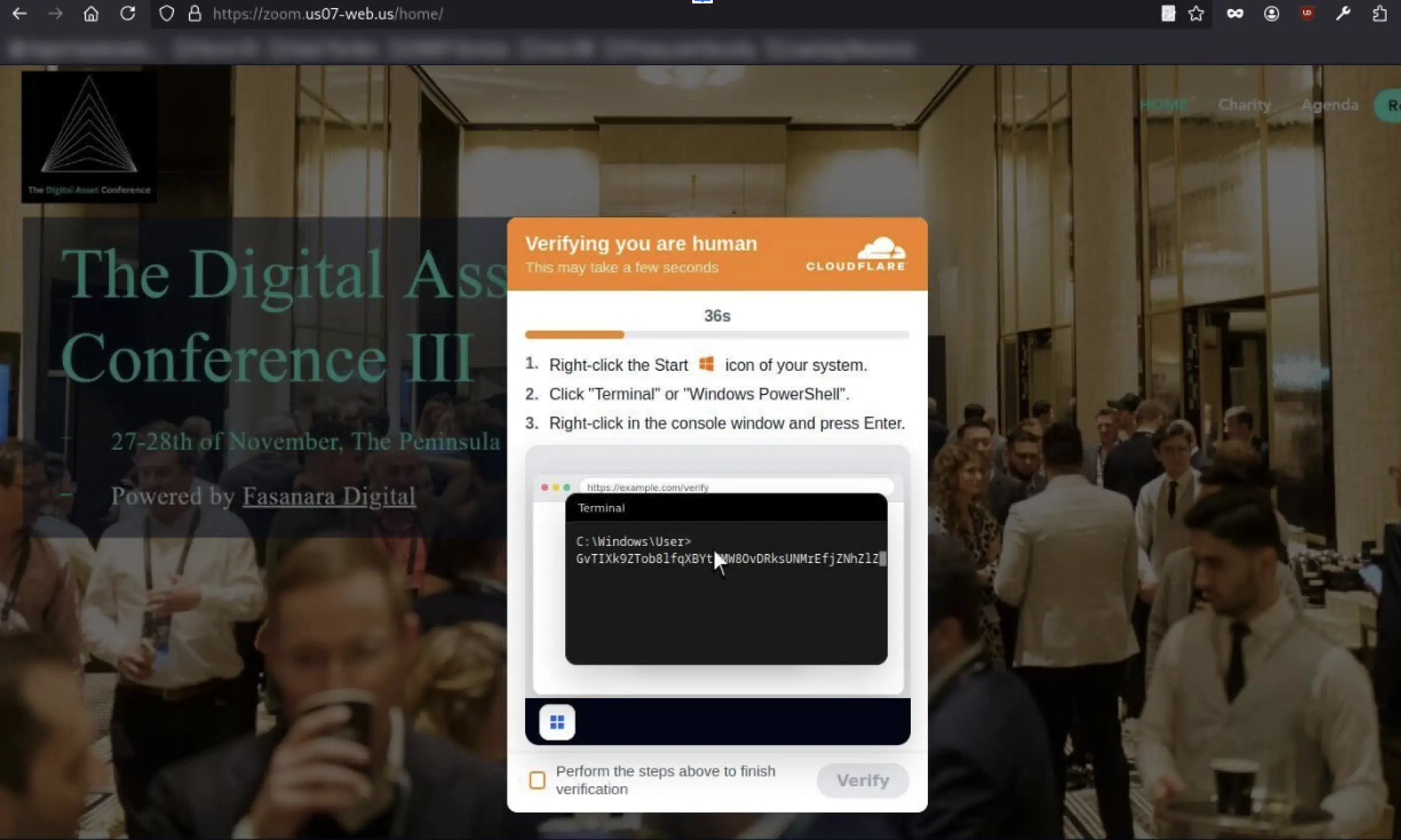 A fraudulent Cloudflare verification popup instructing a user to paste malicious commands