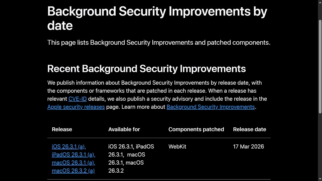 A screenshot of the official Apple list of Background Security Updates.