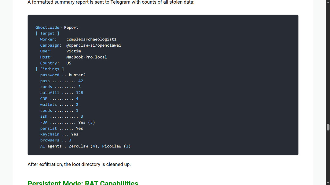 A screenshot shared by JFrog Security on the report. GhostLoader sends to Telegram a summary of all that it extracted.