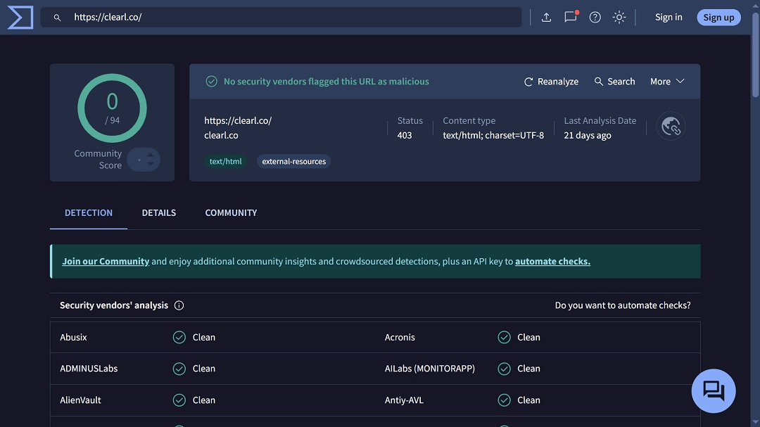 A scan on VirusTotal showed that no major anti-malware or security companies flagged the site as malicious.