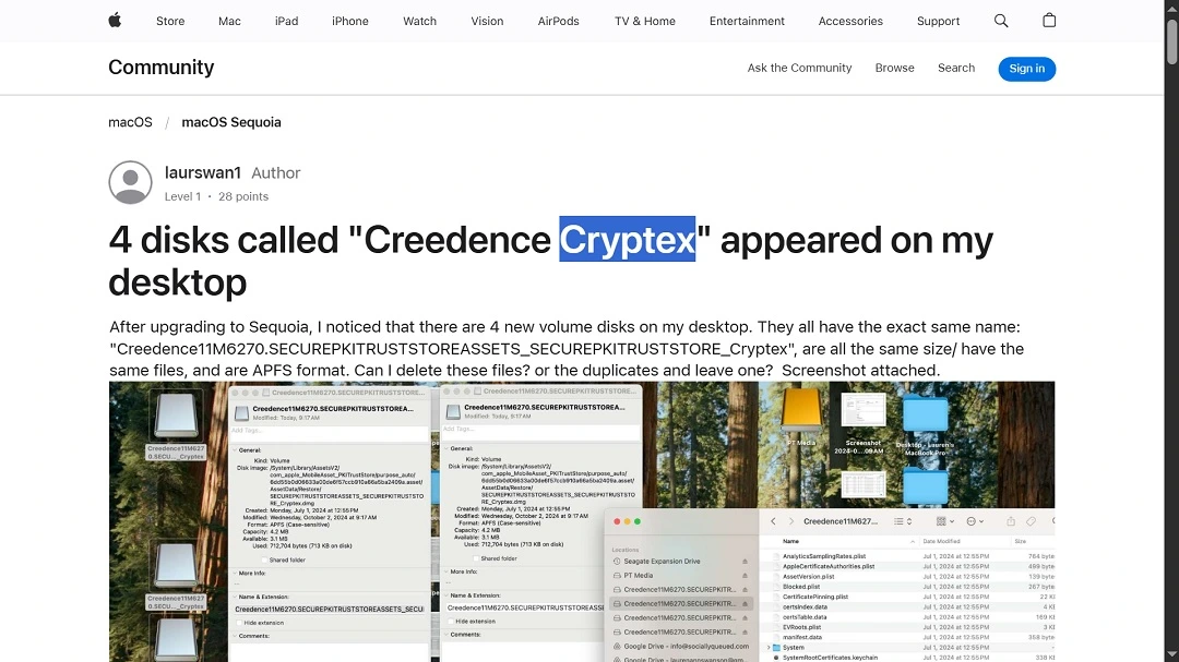 A user in Apple Community asking about cryptex.