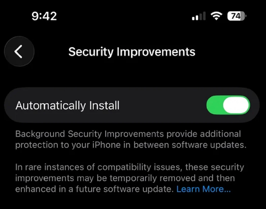 A screenshot showing the window where you turn Background Security Updates on and off looks like on iPhone.