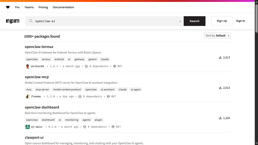 A search for OpenClaw AI on NMP throws back over 1,000 packages.