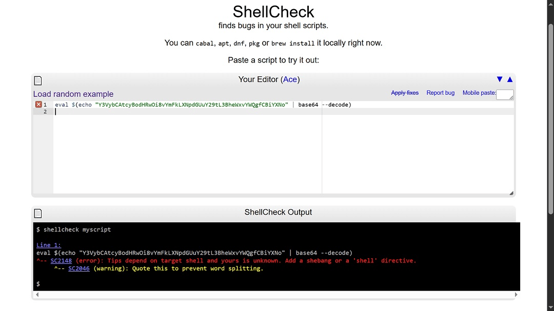 We ran a demonstration test copying and pasting a representation of a malicious script on ShellCheck to show you how the site can flag security pitfalls. Note the red flag warning at the bottom.