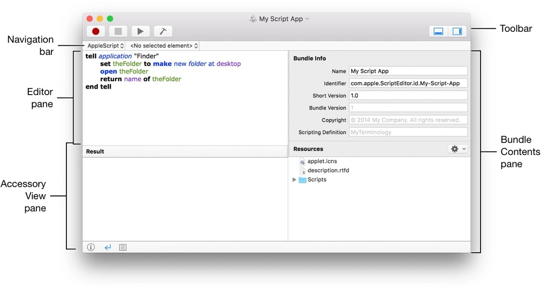 In this image, the Apple Developers' Mac Automation Scripting Guide shows the basics of the tool. If this app opens up with code on it on your Mac, do not click on the 'Play' button without being 100% sure you know what you are doing.