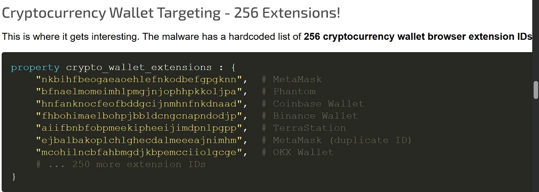 A screenshot of the AMOS code now going after 256 different crypto wallet browser extensions.