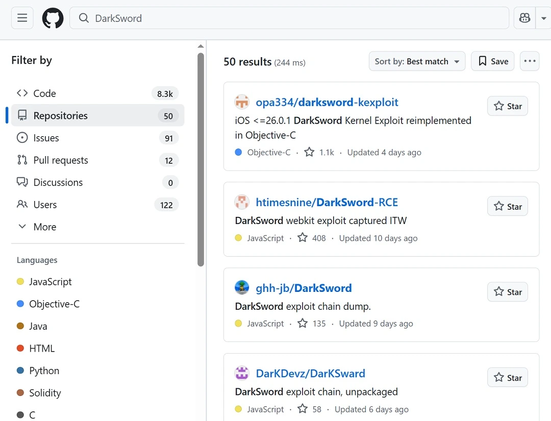 A search on GitHub for DarkSword generated 50 results. While some of these resources have been removed and flagged as malicious, others are active.