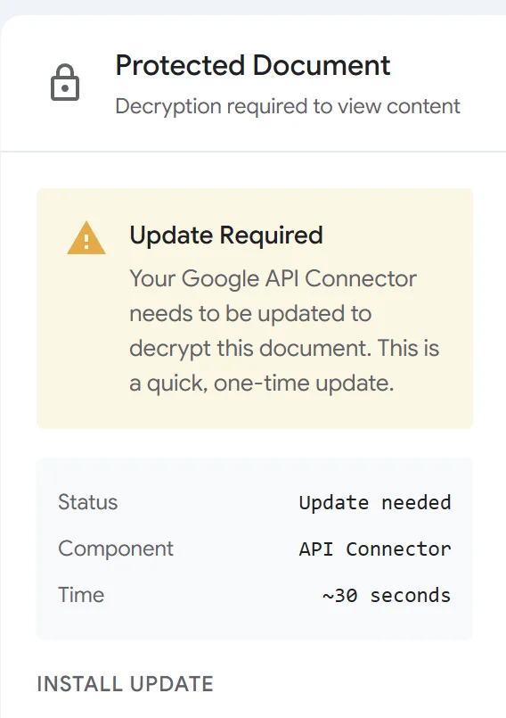 A screenshot of the "Update Required" notice that appears when a user opens the fake protected Google document.
