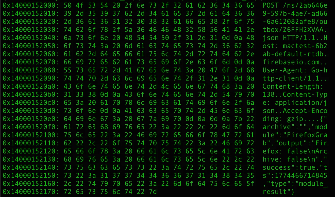 hex dump: POST to Firebase outbox shows module_result for FirefoxGrab.