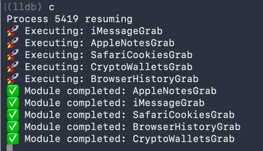 LLDB debugger output showing modules executing.
