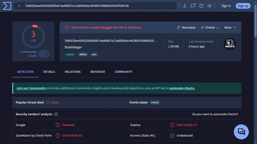 Virus Total scans show that ShadeStager is currently detected by only 3 of 62 security engines.