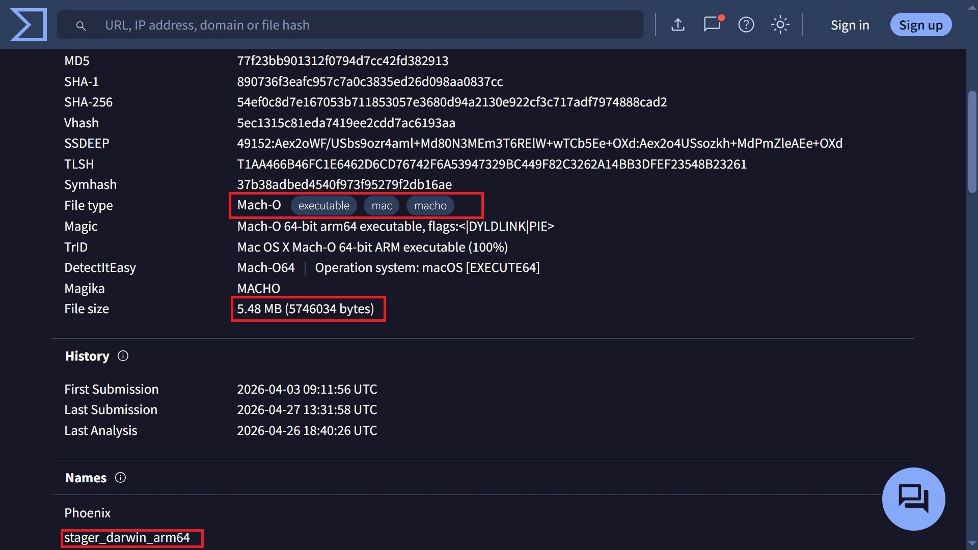 A VirusTotal analysis of Phoenix Worm includes original file name, weight, and file type of malware.