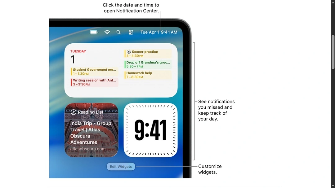 A screenshot from the official Apple page on how the Notification Center on your Mac works.