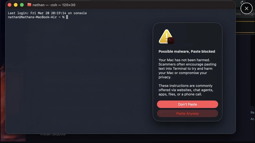A screenshot of the warning stating not to paste random commands into the Mac Terminal.