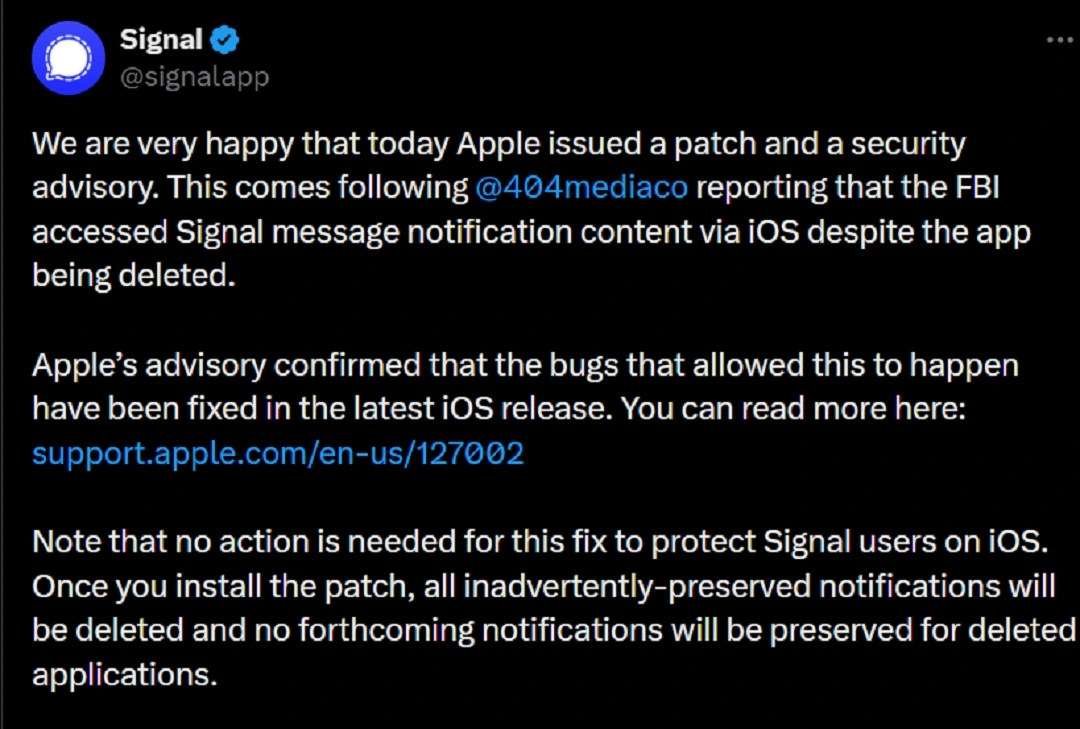 Signal confirmed that the recent Apple security patch for iPhones is linked to the FBI-Signal case.