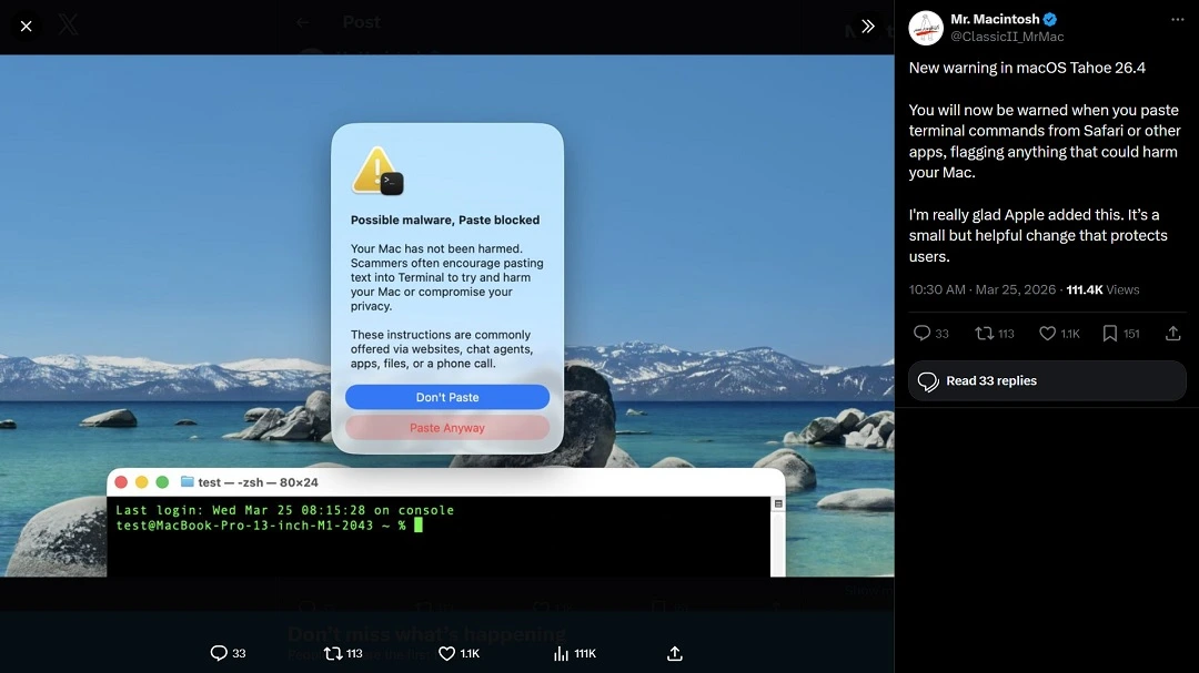 Mr. Macintosh was one of the first to share on X a screenshot of the new Apple ClickFix Mac warning feature.