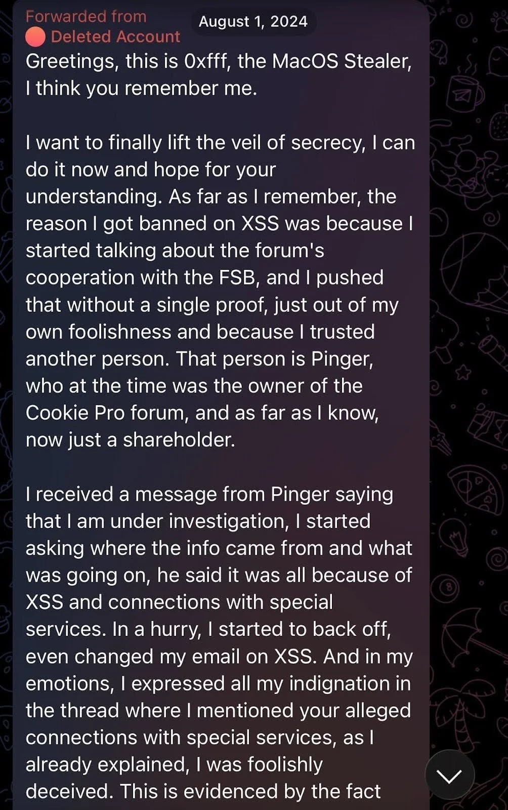 0xFFF Telegram apology post.