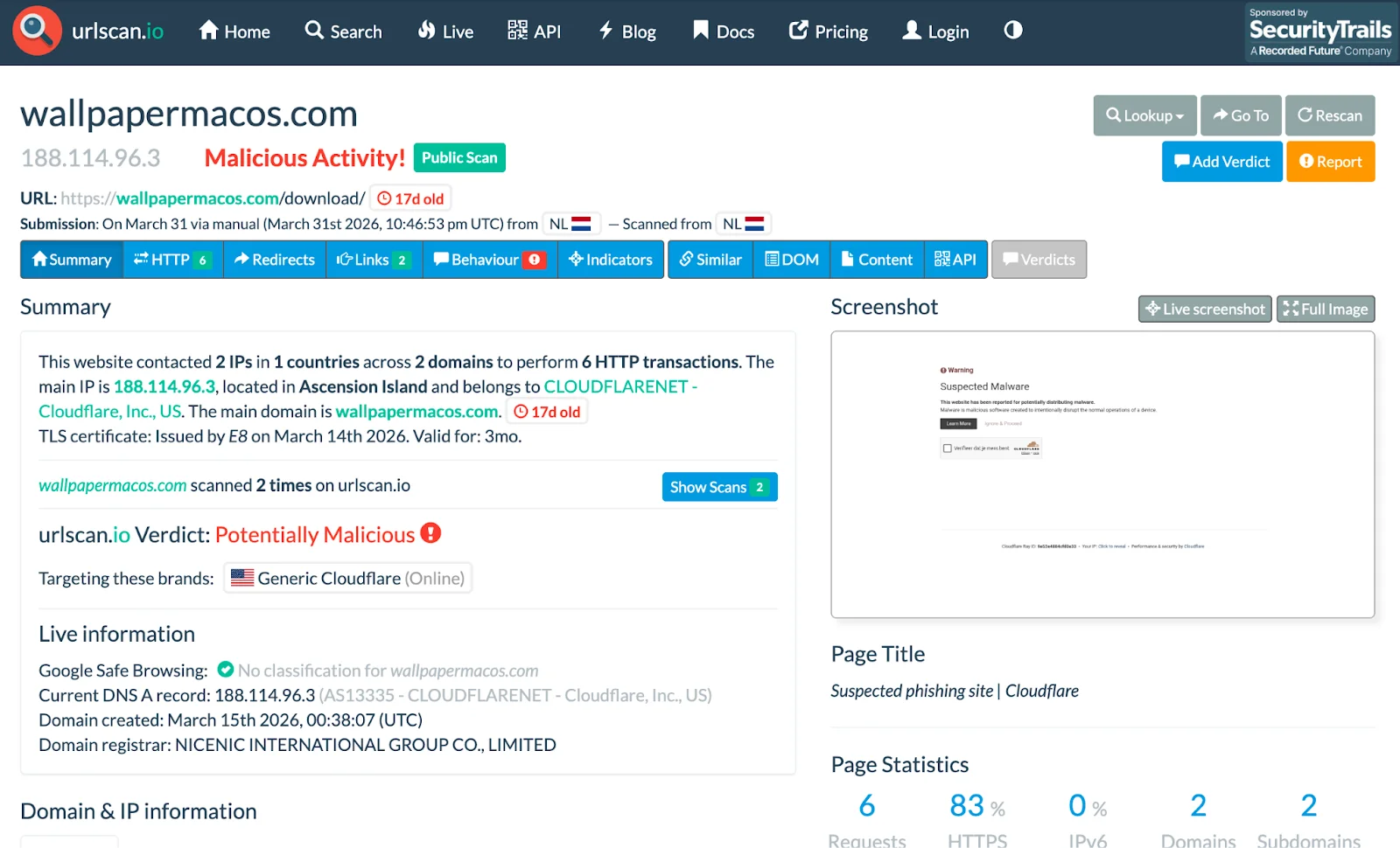 urlscan.io result on wallpapermacos[.]com