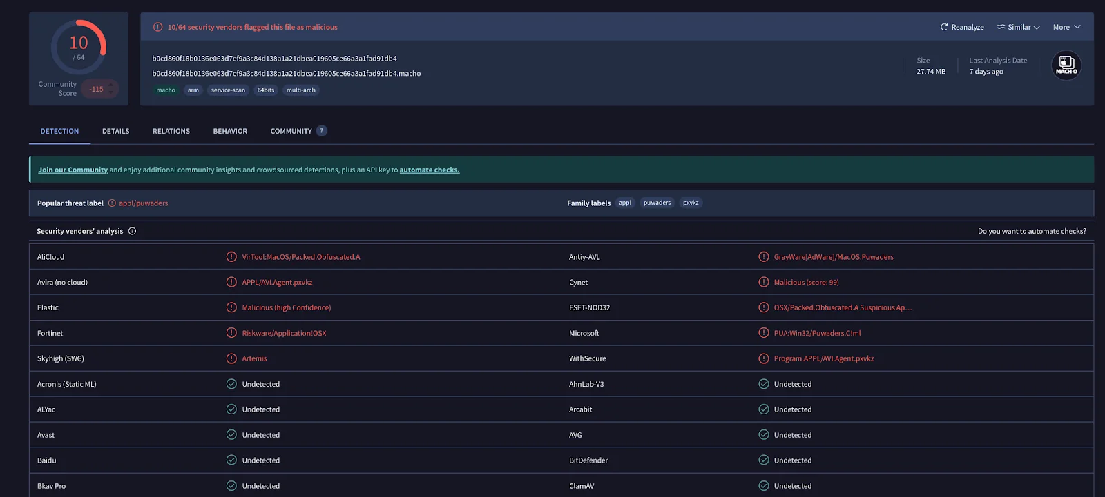 Screenshot of the VirusTotal detection page.