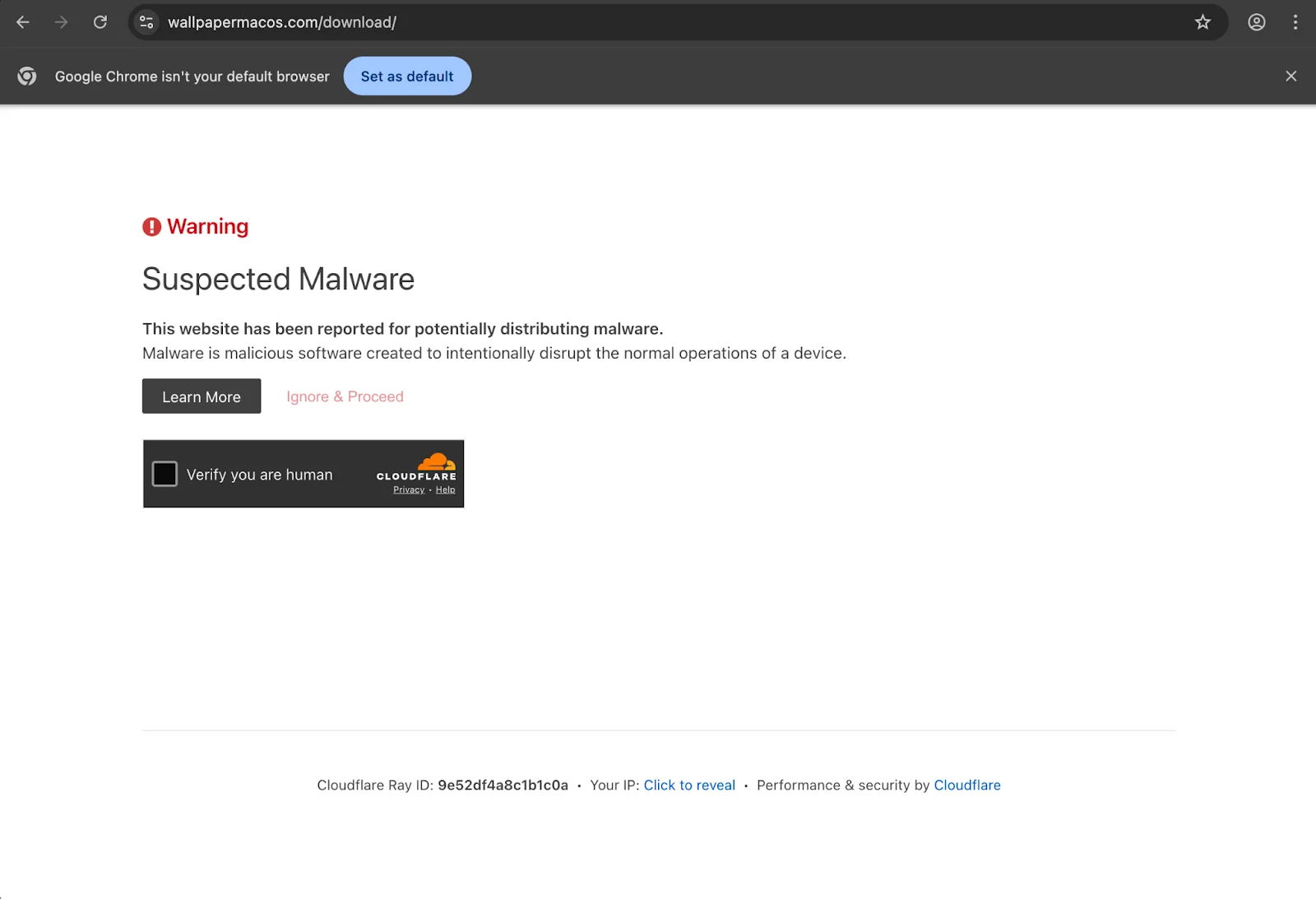 Cloudflare malware warning on wallpapermacos[.]com/download/.