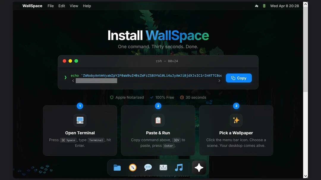 The ClickFix attack script on the fake Mac Wallpaper site.