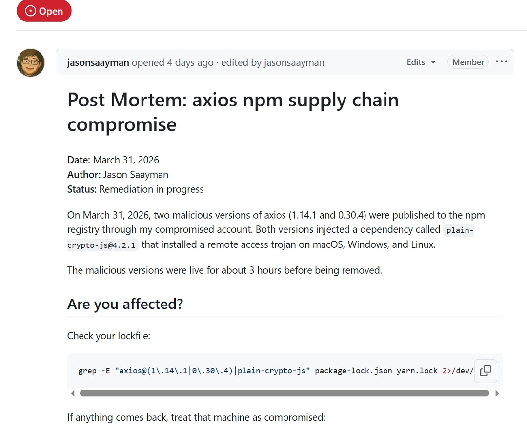A screenshot of the GitHub "Post Moterm" post by jasonsaayman.