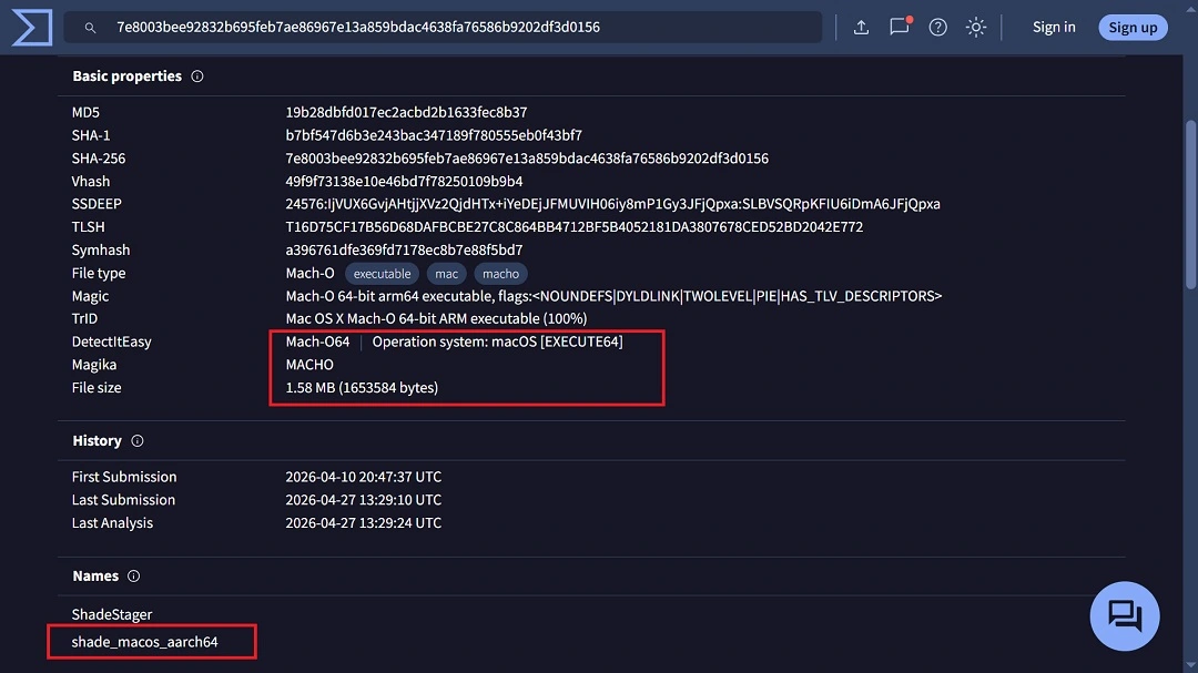 Virus Total analysis of ShadeStager hash shows, the file is a Mach-O, and is lightweight.
