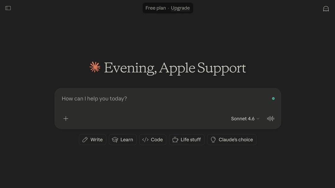 A screenshot of the main page of Claude, greeting the user, "Evening, Apple Support."
