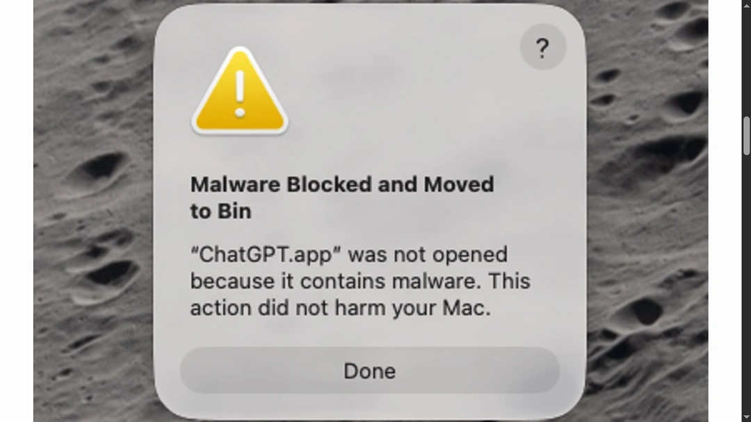 A screenshot of the ChatGPT malware blocked warning users are seeing.