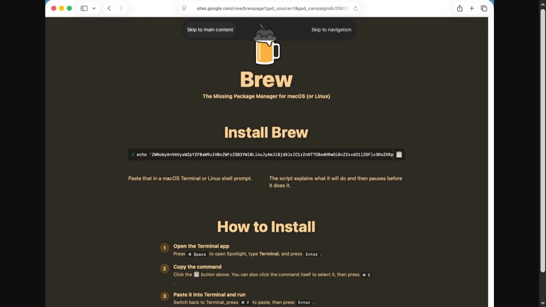 Screenshot shared by Duncan on fake Homebrew site spreading MacSync with ClickFix instructions.